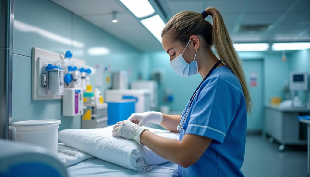 Infirmière préparant un soin à domicile dans un cadre propre et lumineux