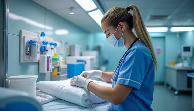 Infirmière préparant un soin à domicile dans un cadre propre et lumineux