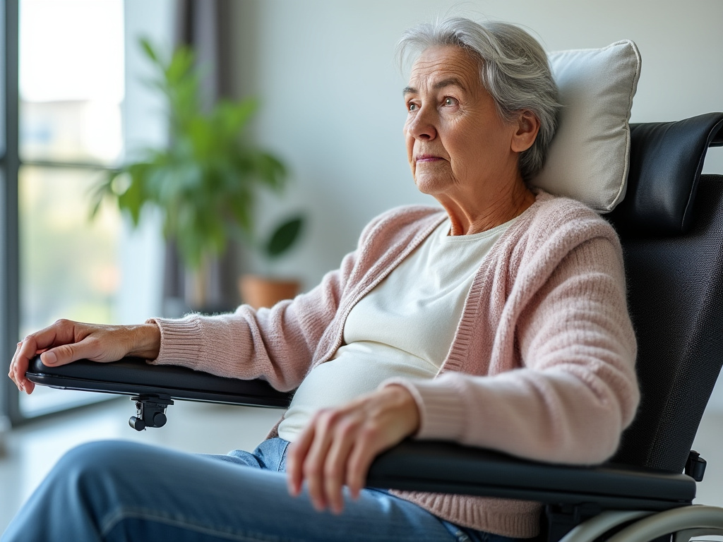 Personne âgée en fauteuil avec coussin anti-escarres