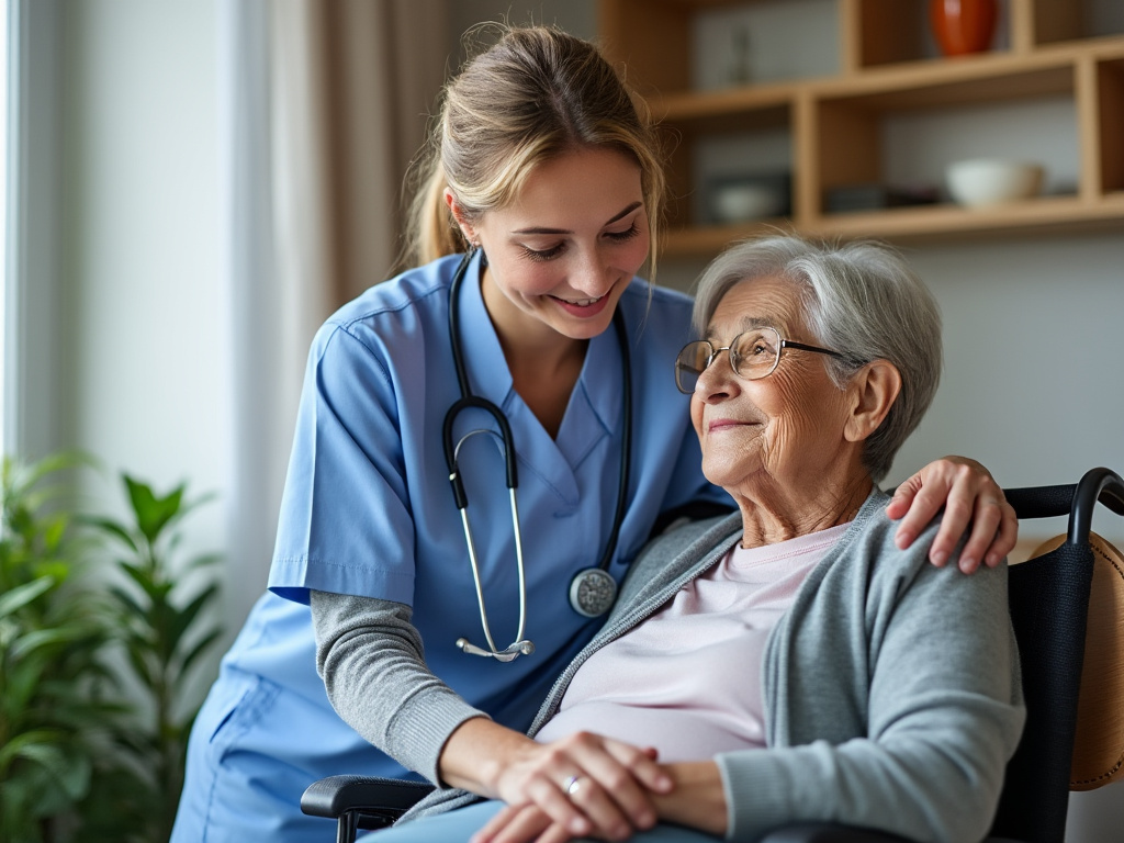 Personne âgée accompagnée par un proche aidant à domicile