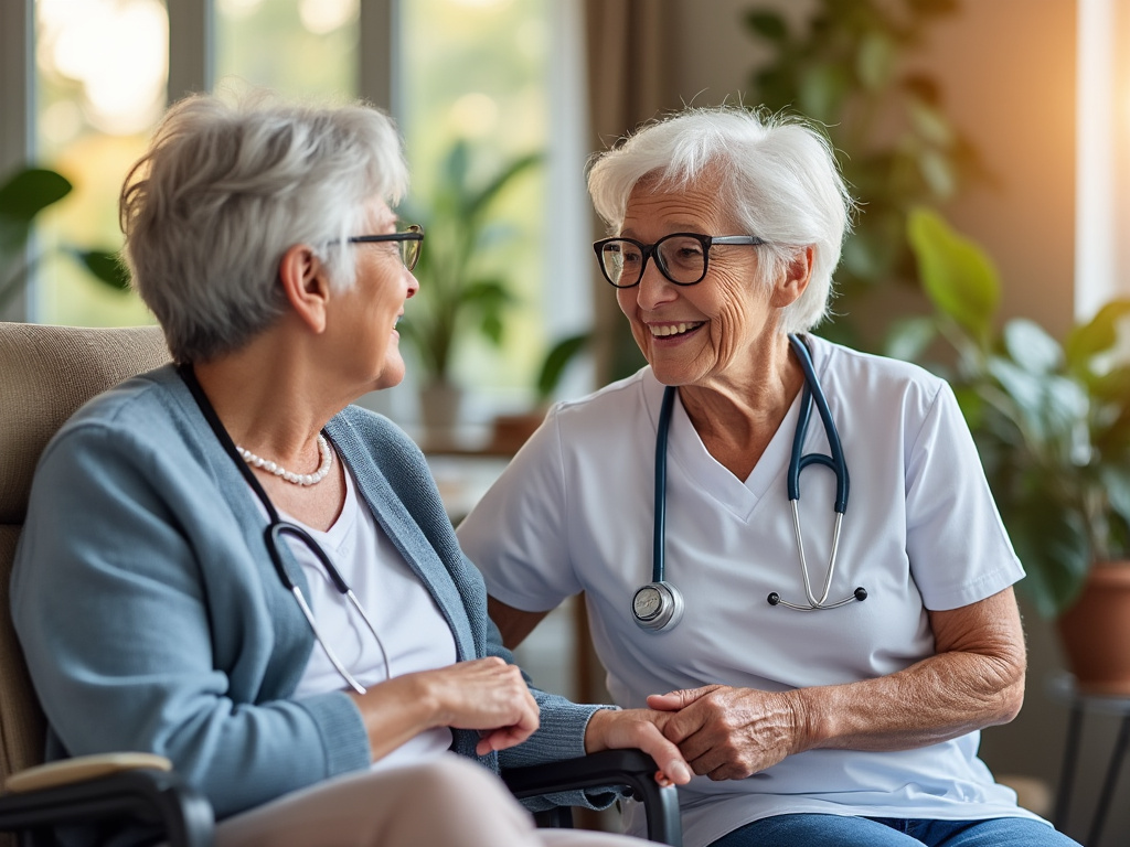Patient âgé accompagné par un proche et un infirmier lors d’une visite à domicile