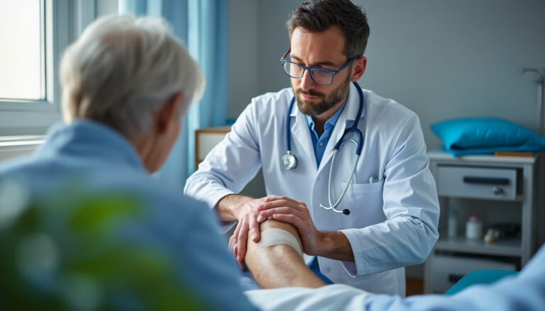 Infirmier préparant un pansement sur la jambe d'un patient