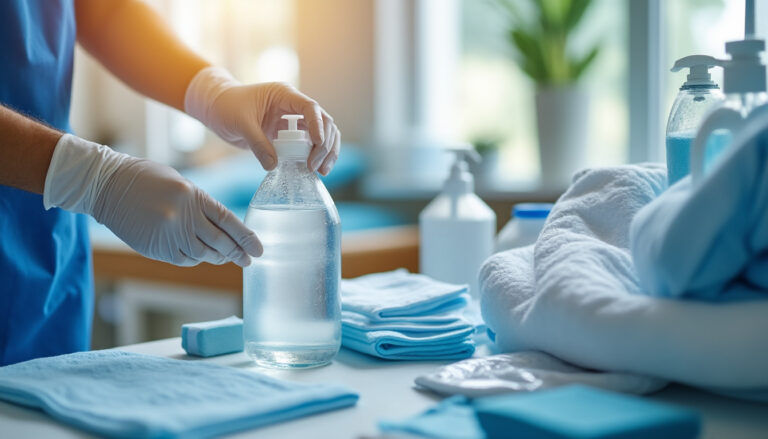 Infirmier préparant un pansement propre dans un environnement de soin