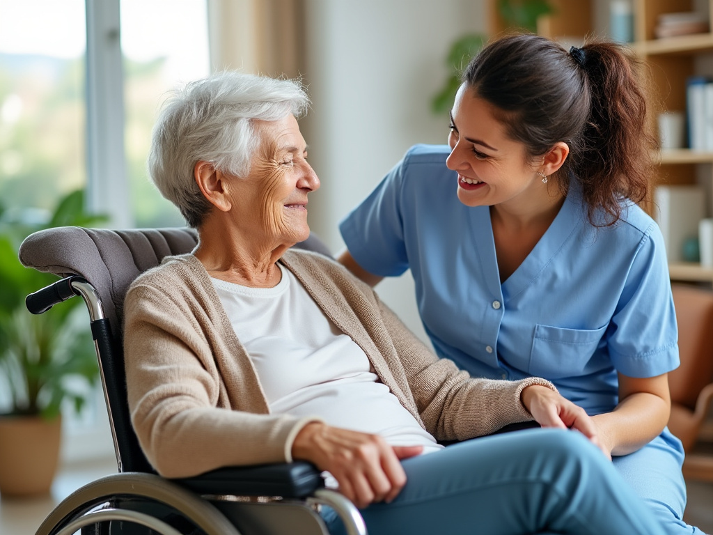Personne âgée accompagnée à domicile par un proche