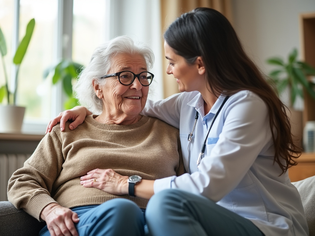 Personne âgée accompagnée par un proche aidant à domicile