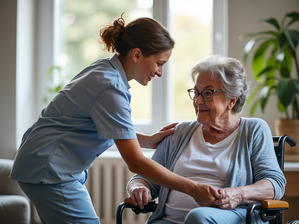 Personne âgée accompagnée d’un proche aidant lors d’un soin à domicile