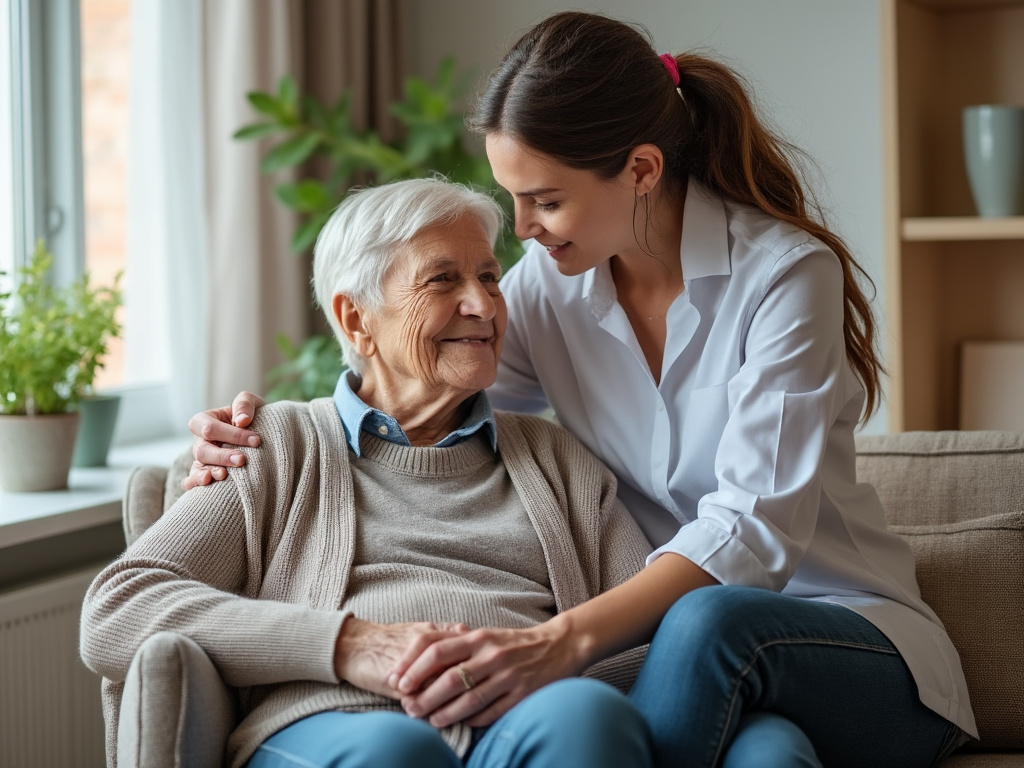 Personne âgée accompagnée lors d'un soin à domicile