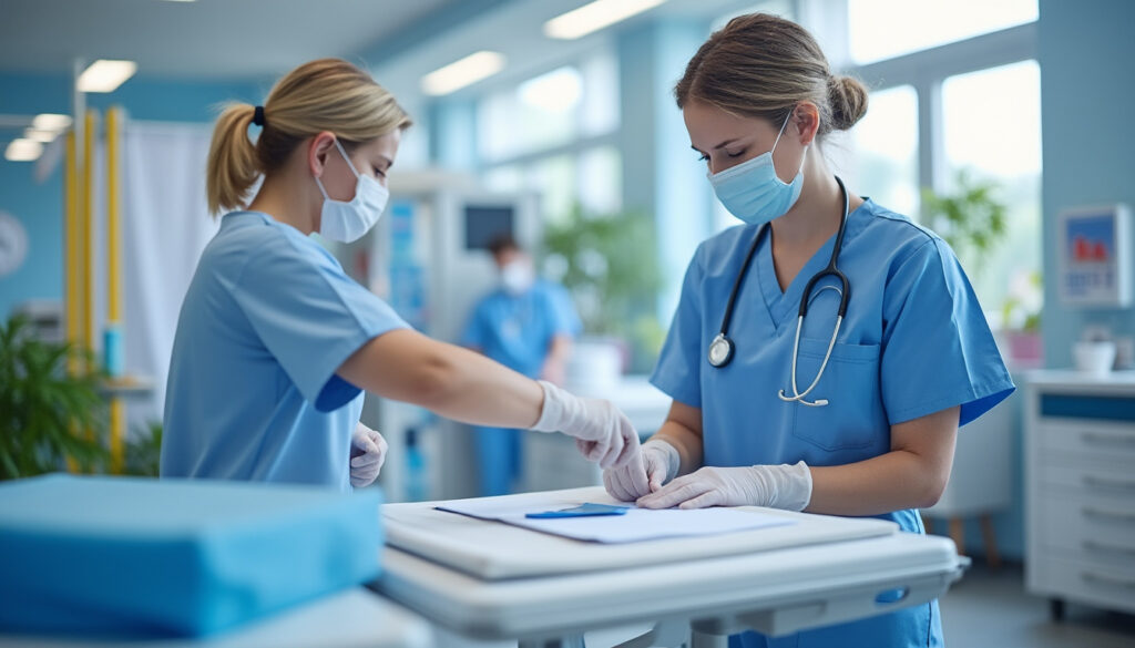 Infirmière préparant un pansement en centre de soins