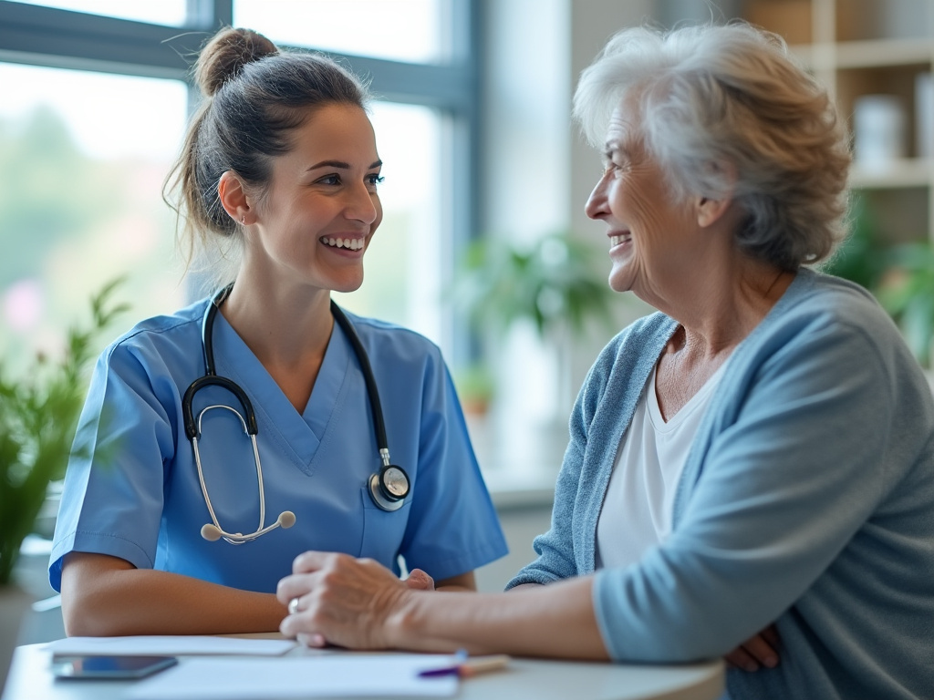 Infirmière accompagnant un patient âgé en centre de soins