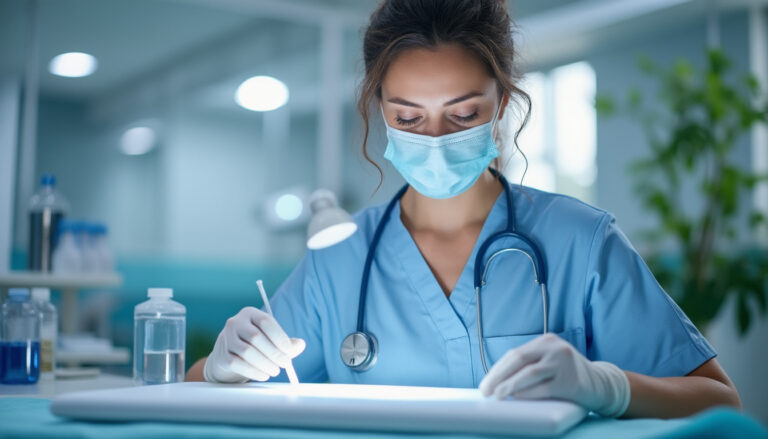 Infirmière préparant un pansement hydrocolloïde dans un cabinet de soins à domicile