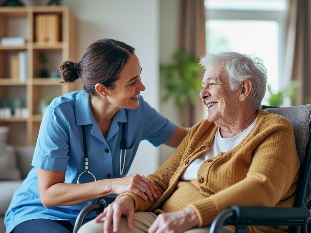 Personne âgée accompagnée par un proche aidant lors d’un soin à domicile