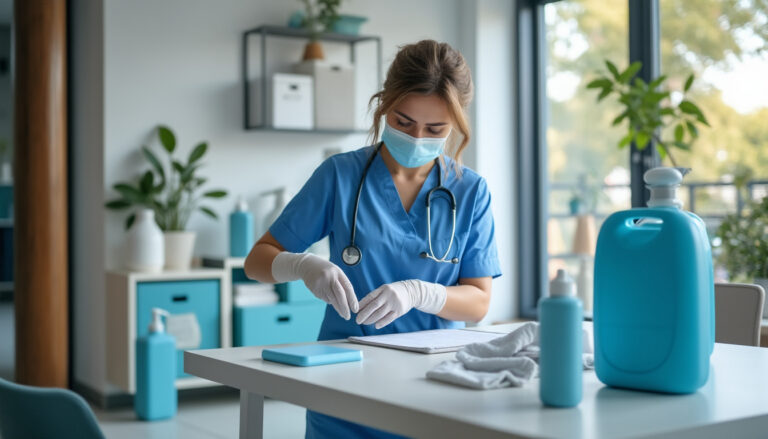 Infirmier préparant un pansement à domicile dans un environnement propre