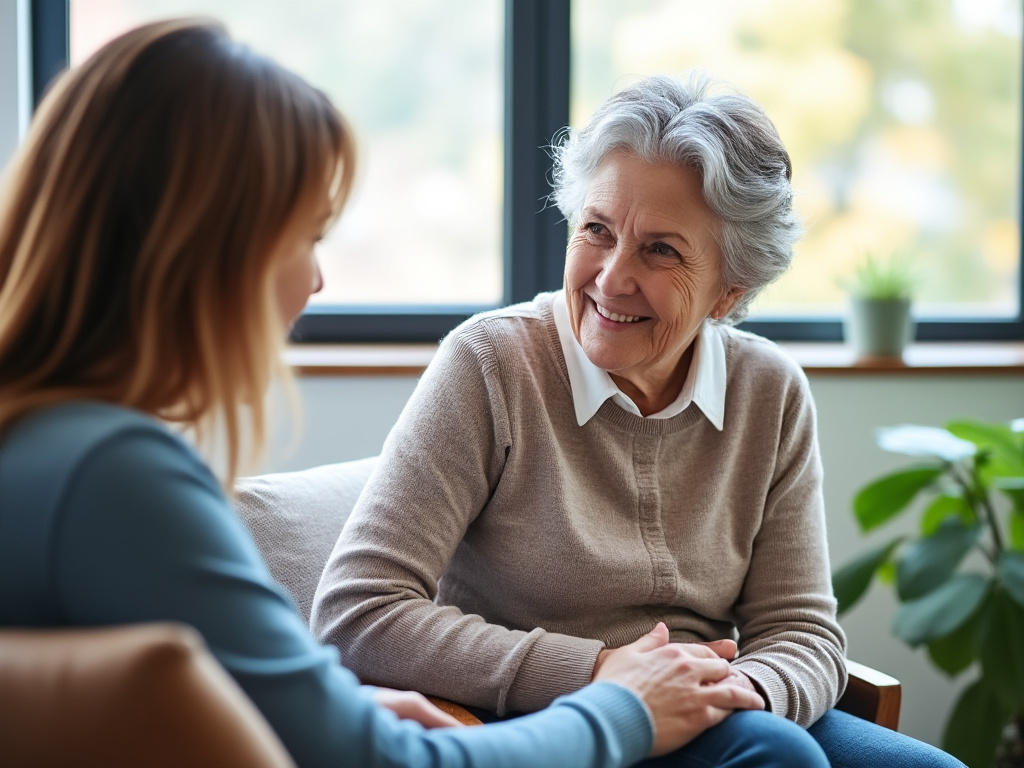 Personne âgée accompagnée par un proche aidant dans un intérieur clair