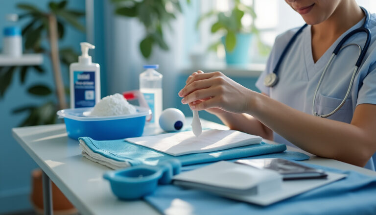 Infirmière préparant un pansement dans un environnement propre et lumineux