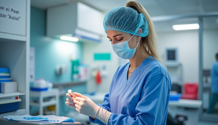Infirmière préparant un soin dans un cabinet infirmier