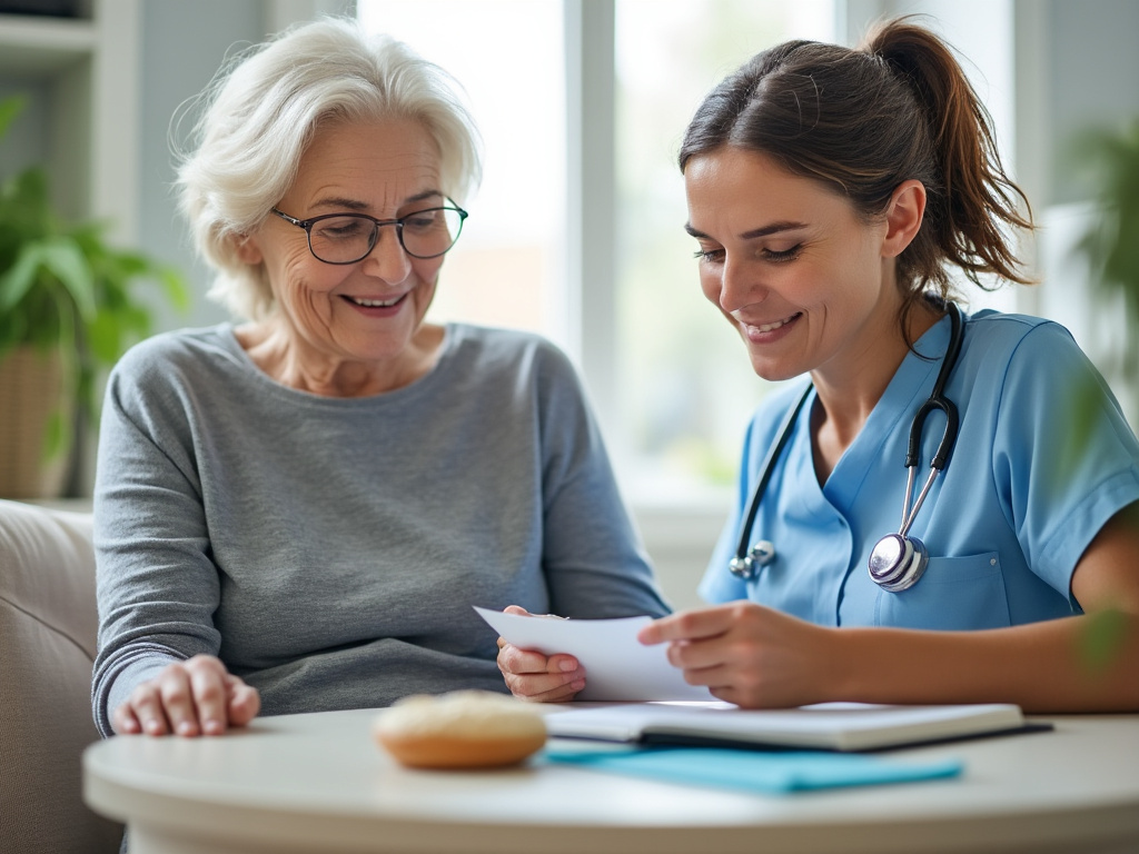 Infirmière libérale accompagnant une personne âgée à domicile