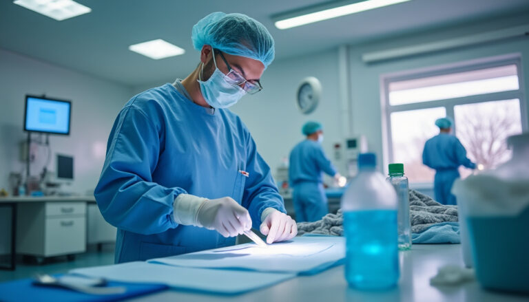 Infirmier préparant un soin avec matériel de pansement