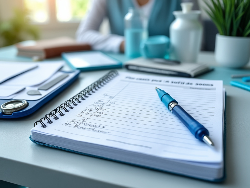Carnet de suivi des soins et matériel de pansement sur une table propre