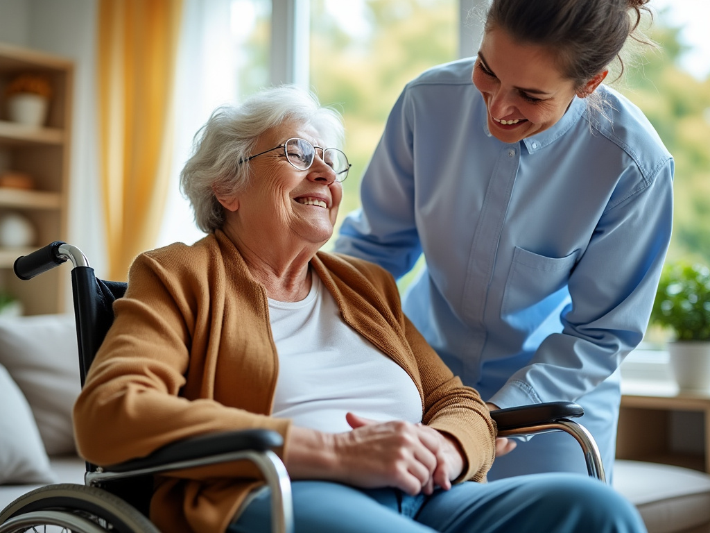 Personne âgée accompagnée par un proche à domicile