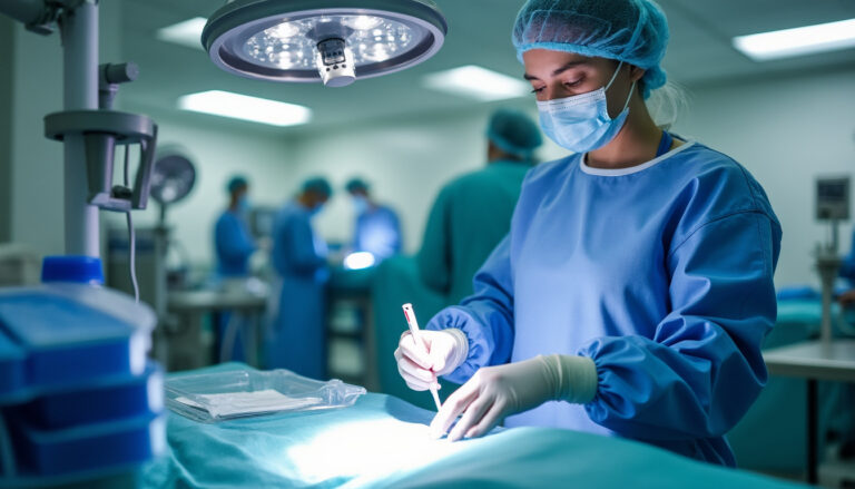 Infirmier préparant un pansement dans un cadre propre et lumineux