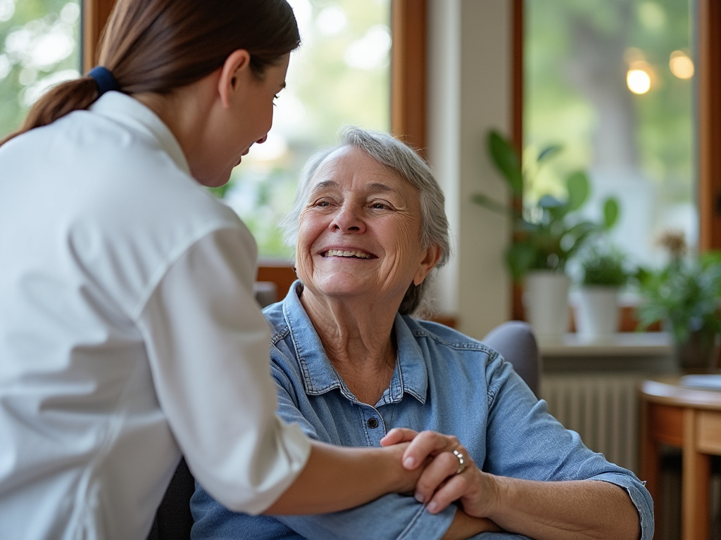 Personne âgée accompagnée d’un proche en environnement calme