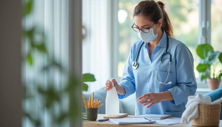 Infirmier préparant un soin de pansement à domicile