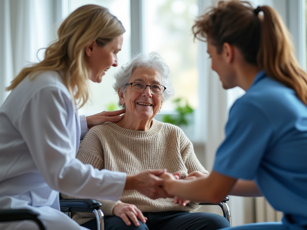 Patient accompagné par un proche et un infirmier lors d'une visite à domicile