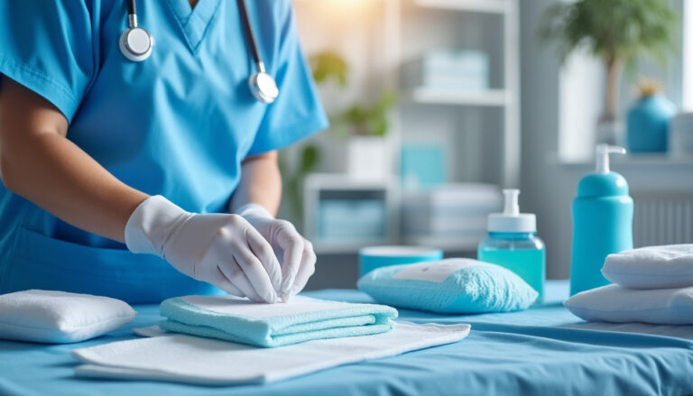Infirmier préparant un soin de pansement dans un environnement propre