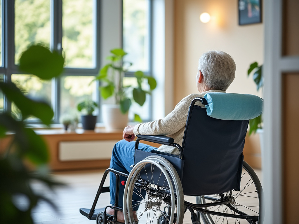 Personne âgée assise sur un fauteuil avec coussin anti-escarres