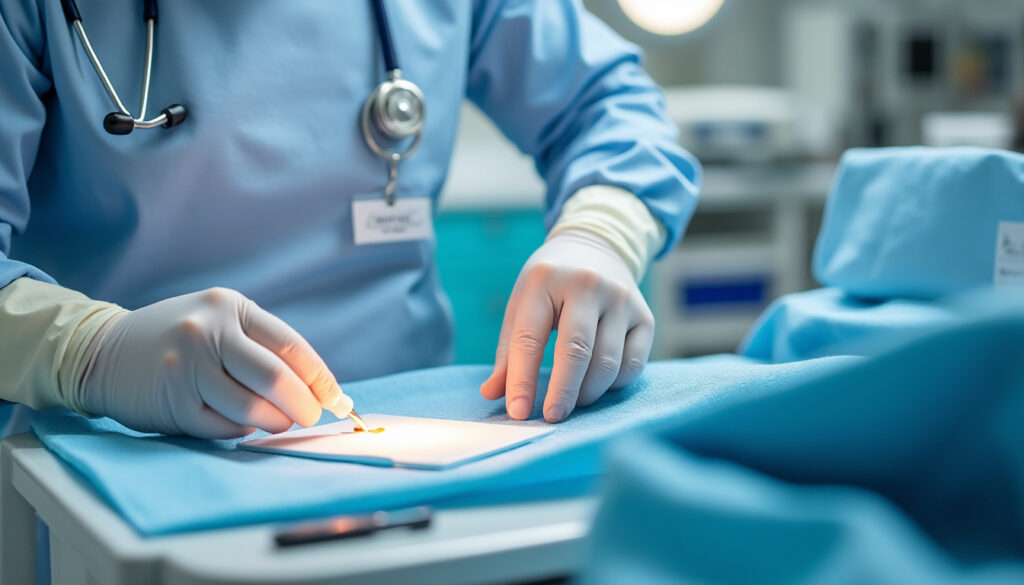 Infirmier préparant un pansement aseptique dans un cadre propre