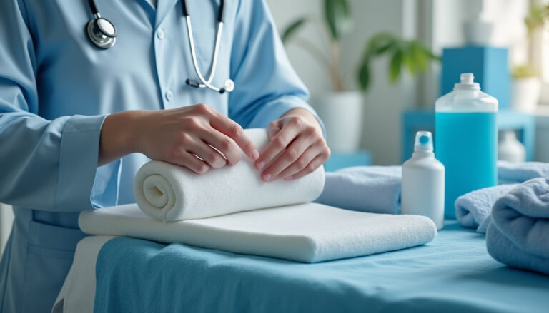 Infirmier préparant un pansement hydrocellulaire dans un cadre de soin à domicile