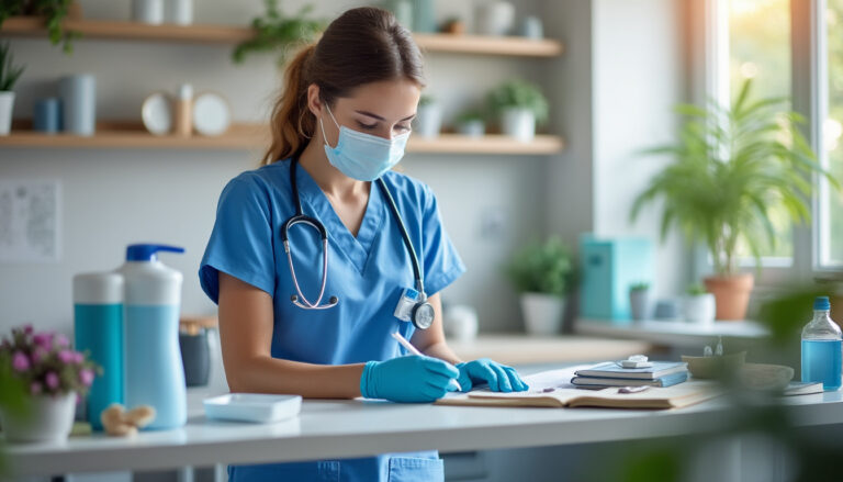 Infirmier préparant un soin à domicile dans un environnement propre