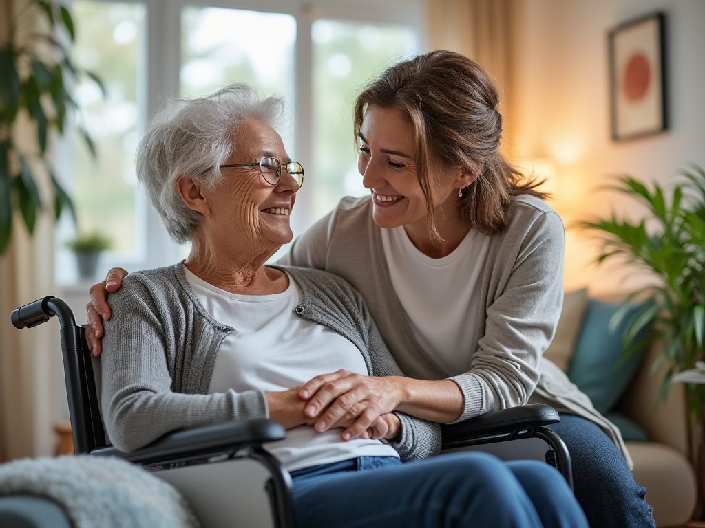 Personne âgée accompagnée par un proche à domicile