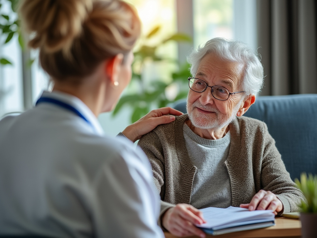 Patient âgé accompagné lors d’une visite infirmière à domicile