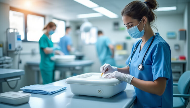 Infirmier préparant un pansement hydrocolloïde dans un environnement propre