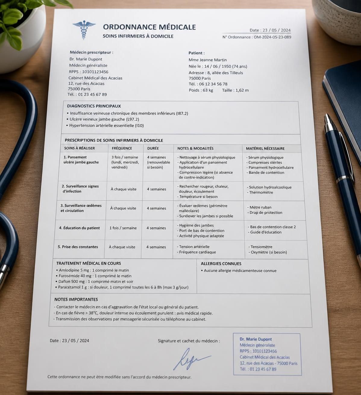 découvrez un exemple d'ordonnance pour soins infirmiers avec ce guide pratique destiné aux professionnels de santé, pour faciliter la prise en charge et le suivi des patients.